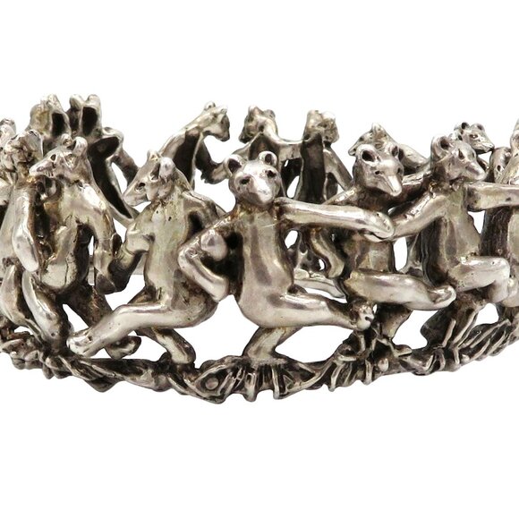 Vintage Jane Voorhees Chunky Sterling Silver Dancing Bears Crown Bangle Bracelet - Picture 7 of 10